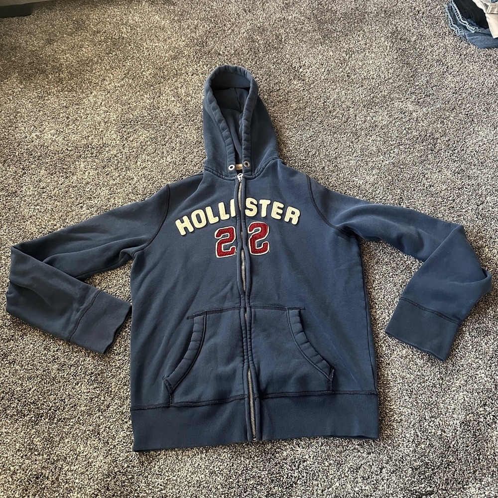Hollister Hoodie Mens Medium‎ Navy Blue 22 Logo Full Zip Sweatshirt Y2K